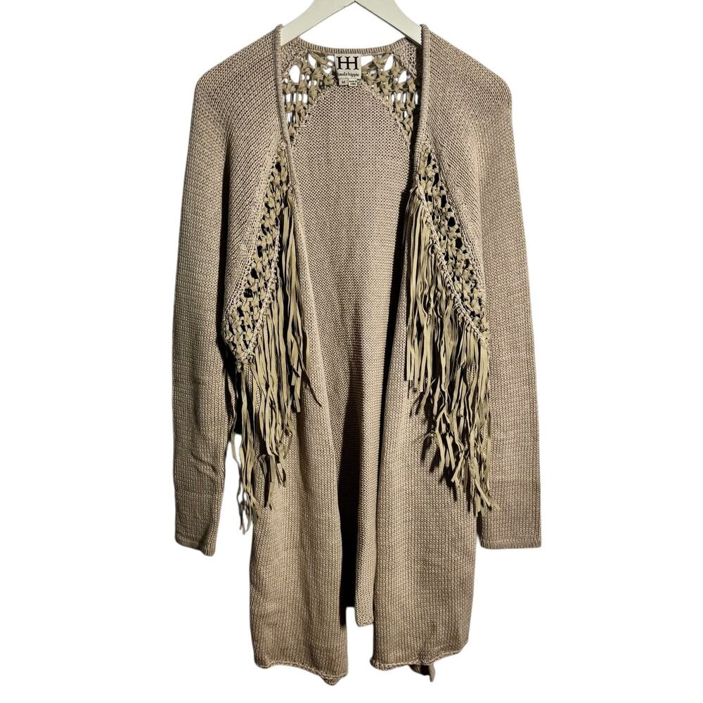 Haute Hippie Cardigan Women M Tan Knit Fringe Cotton Boho Western Fall Country